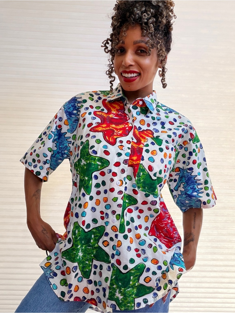 Vintage Tribes for Her Coastal Art Button-Up Shirt